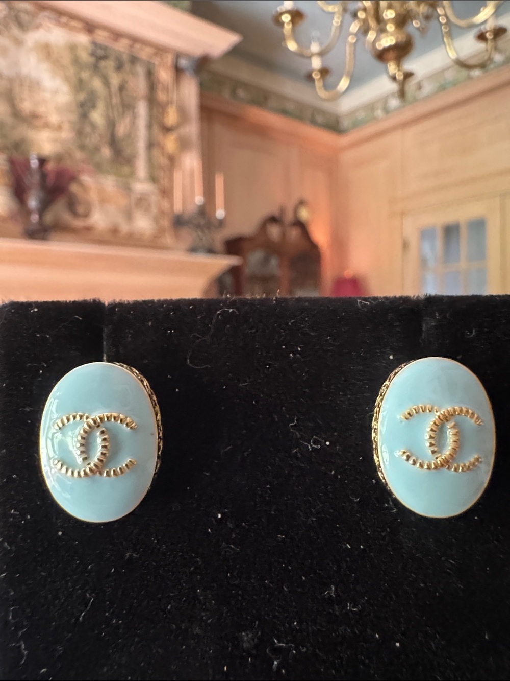 Earrings  Light Blue Oval CC Earrings with Gold Trim